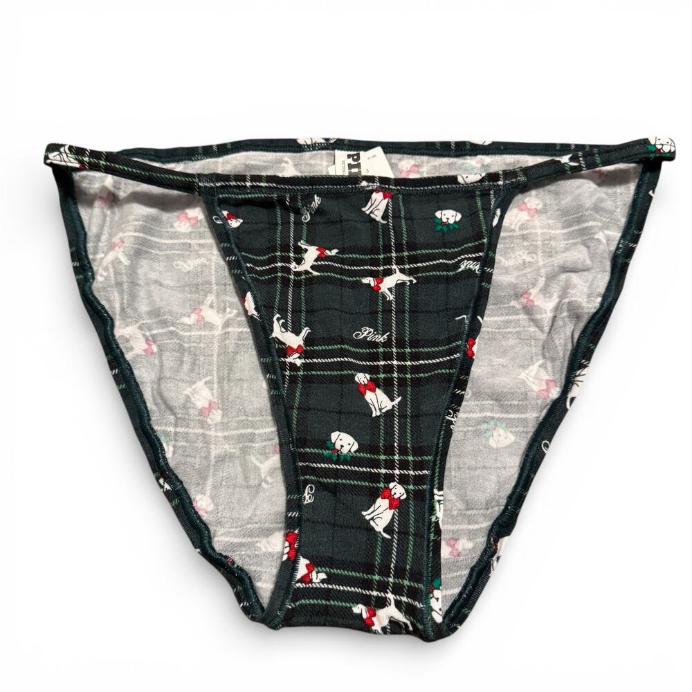 Victoria's Secret M Deep Forest Green Plaid Dog Print COTTON STRING BIKINI PANTY